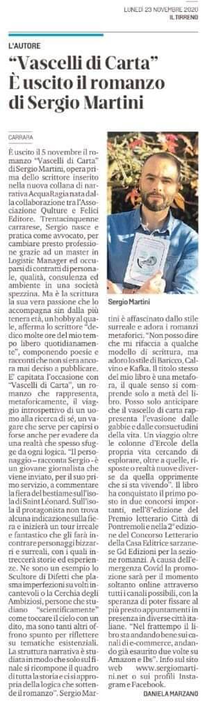 23 novembre 2020. Sergio Martini intervistato da Il Tirreno sul libro "Vascelli di Carta"
