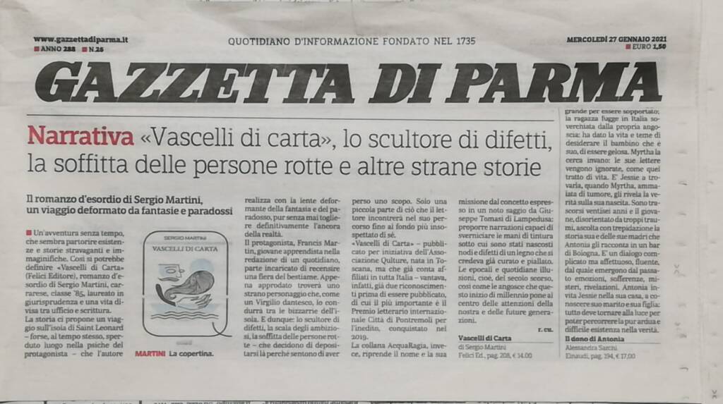 27 gennaio 2021. Sergio Martini intervistato da La Gazzetta di Parma sul libro "Vascelli di carta"