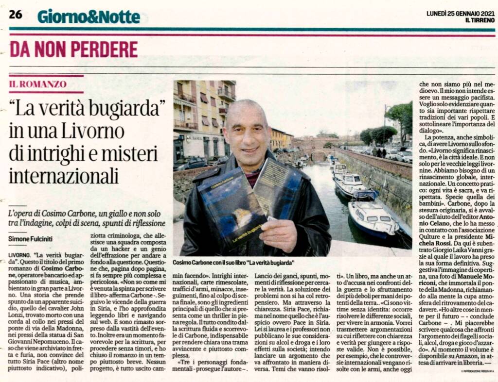 25 gennaio 2021. Cosimo Carbone intervistato da Il Tirreno di Livorno sul libro "La verità bugiarda"
